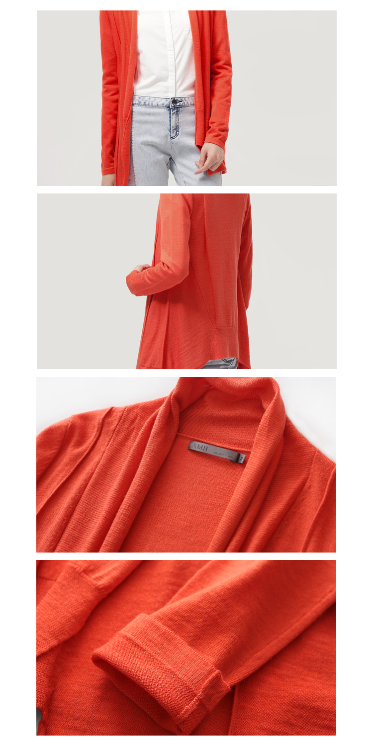 艾米Amii橙色不规则错落衣襟<em>中长</em>毛衣<em>开衫</em>11