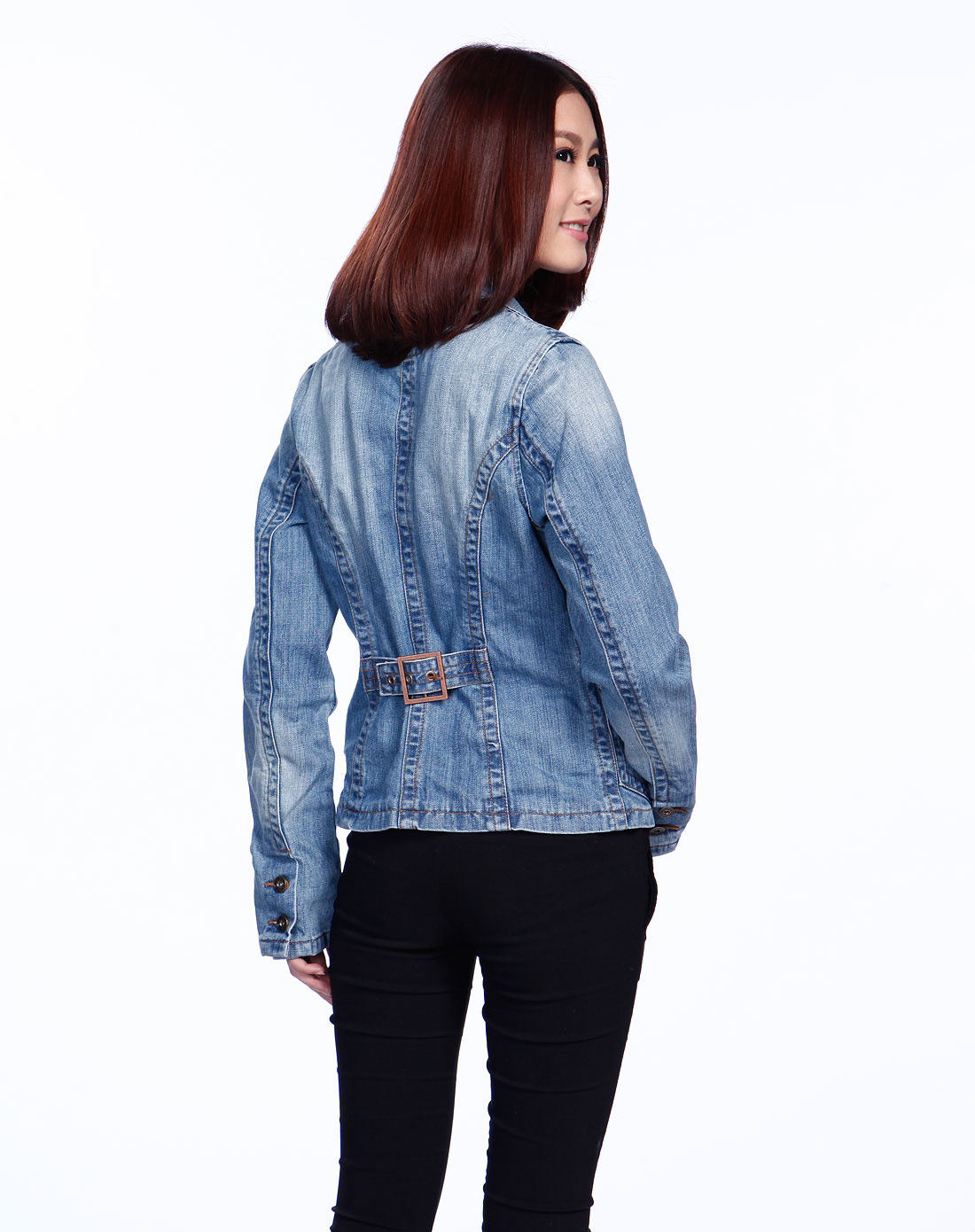 女款蓝色<em>小花</em>长袖牛仔<em>上衣</em>