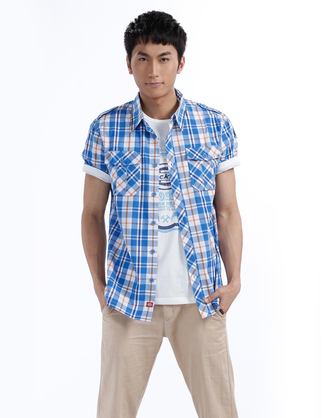 男款蓝色格子短袖衬衫