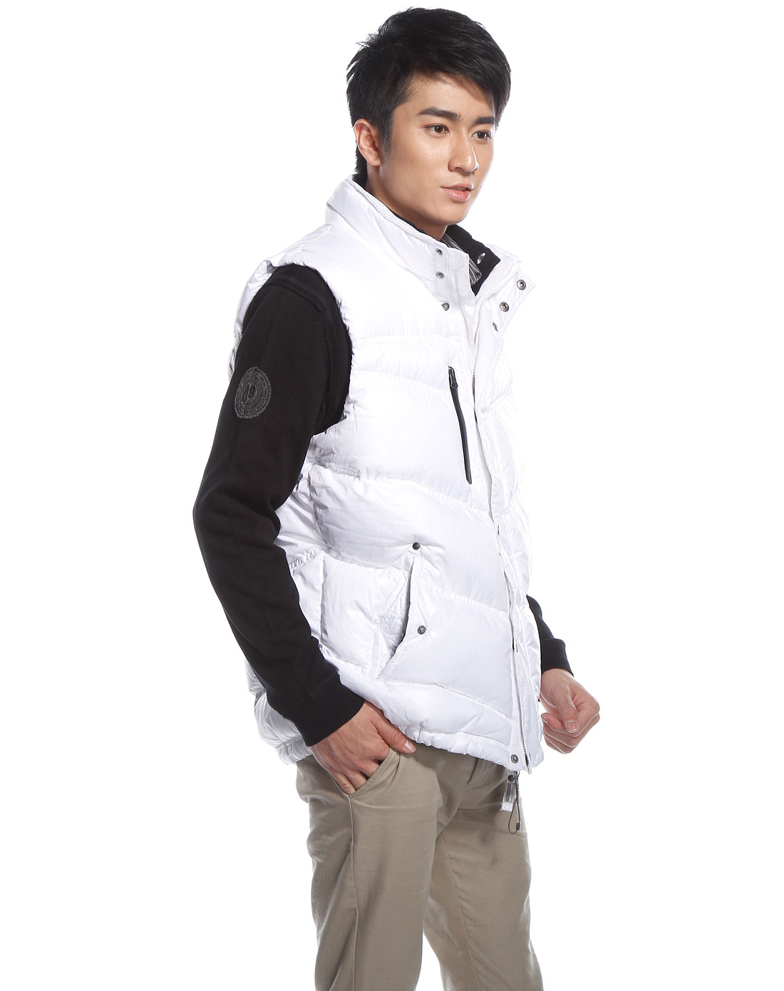 男款漂白色拉链背心羽绒衣