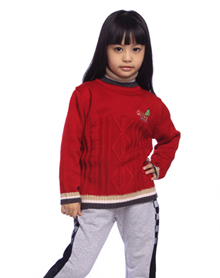 深红色女童翻领绞花套头毛衫A074QB4154126