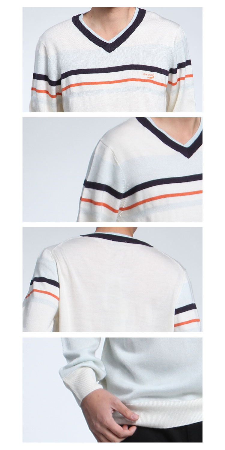 香港鳄鱼恤Crocodile<em>白色V领条纹</em>时尚长袖<em>毛衣</em>