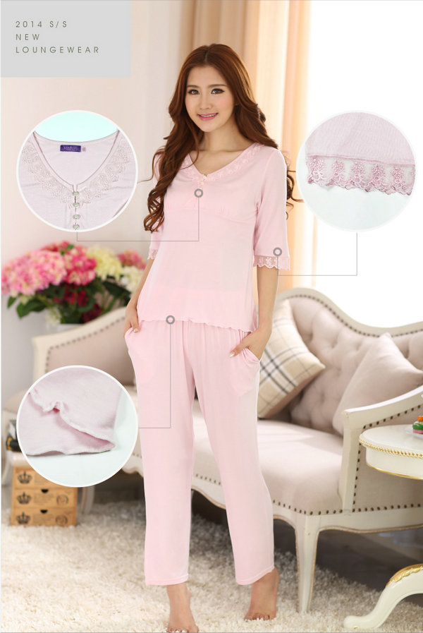 英第爱纳indena新款女装莫代尔中袖花边V领套