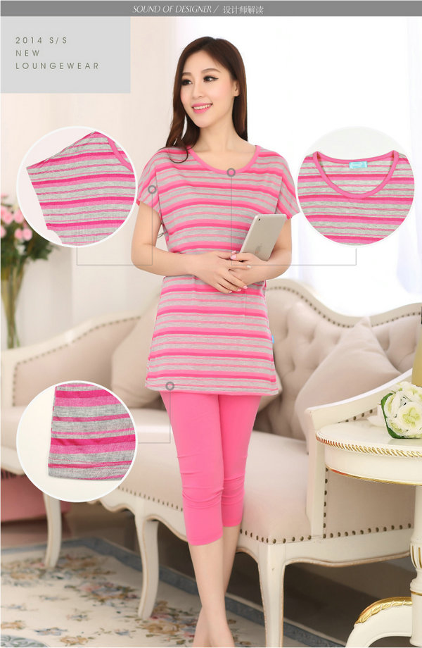 爱纳indena新品女士短袖条纹<em>家居服睡衣套装</em>休
