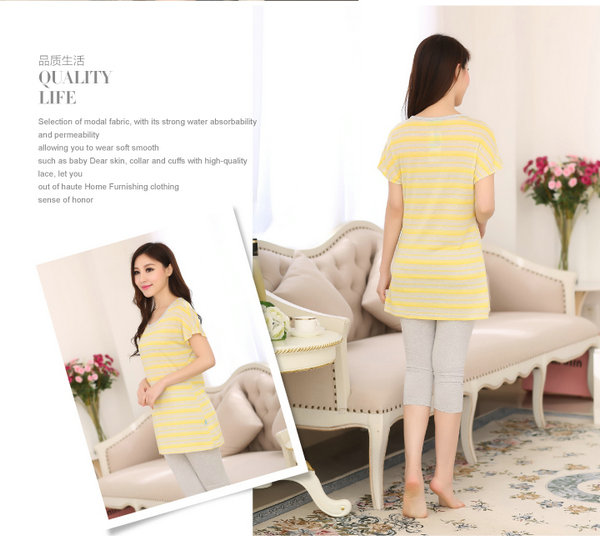 爱纳indena新品女士短袖条纹<em>家居服睡衣套装</em>休