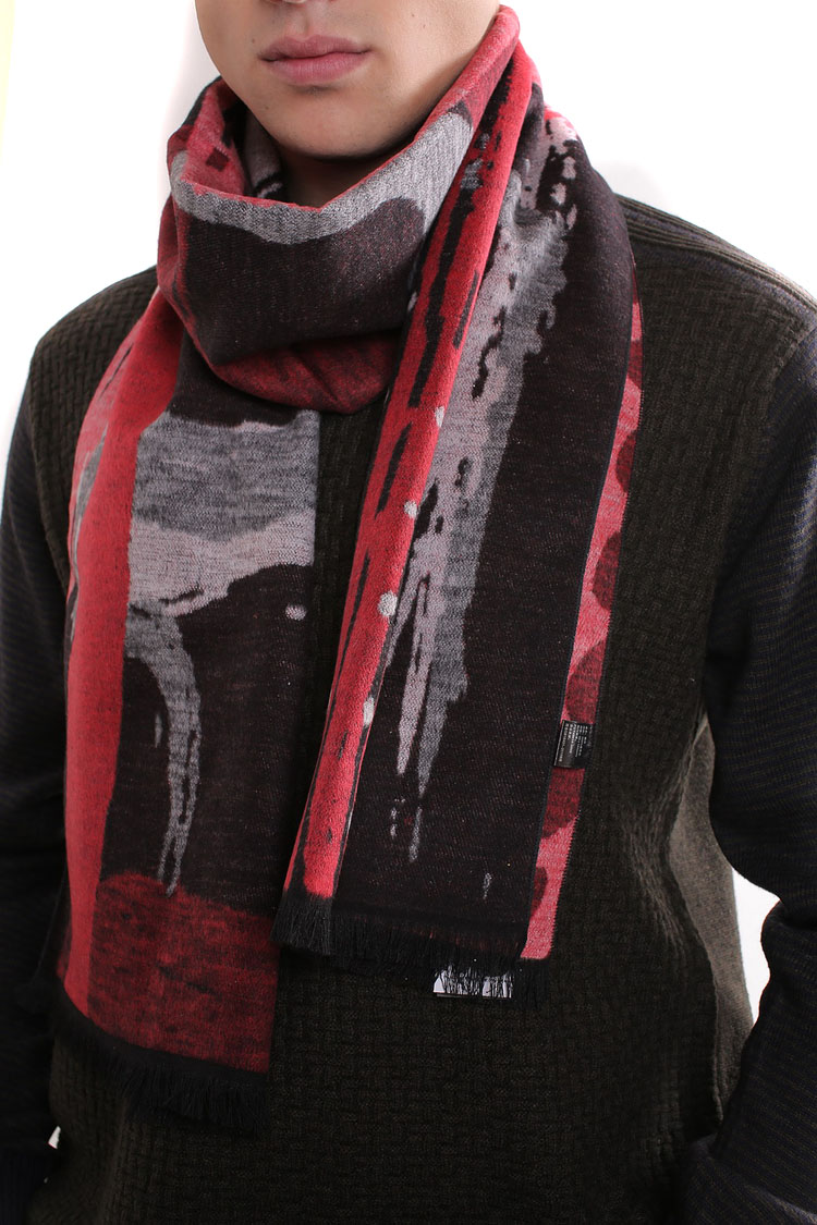 男款黑红色桑蚕丝电脑提花围巾