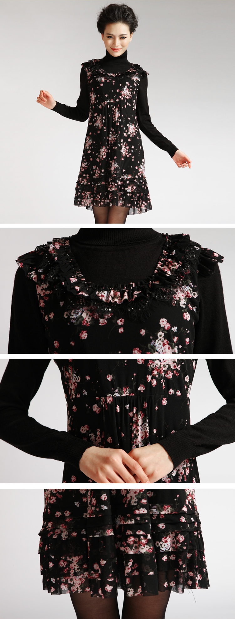 黑色复古豹纹印花连衣裙