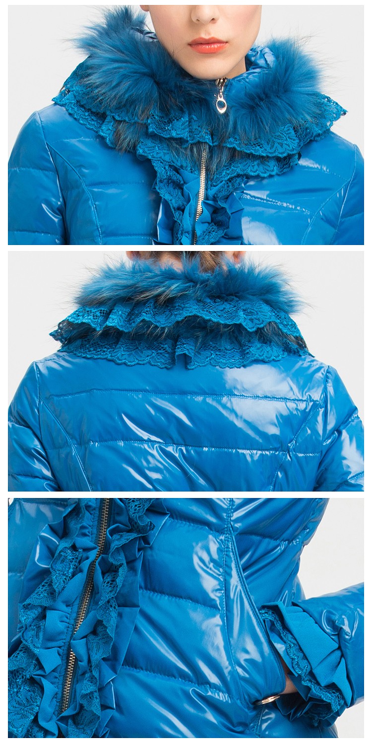 孔雀蓝色短款荷叶边立领长袖羽绒服