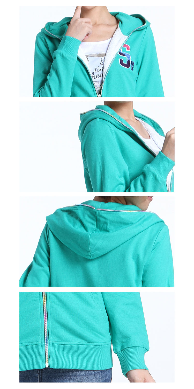 松石绿色连帽拉链厚款抓绒长袖茄克