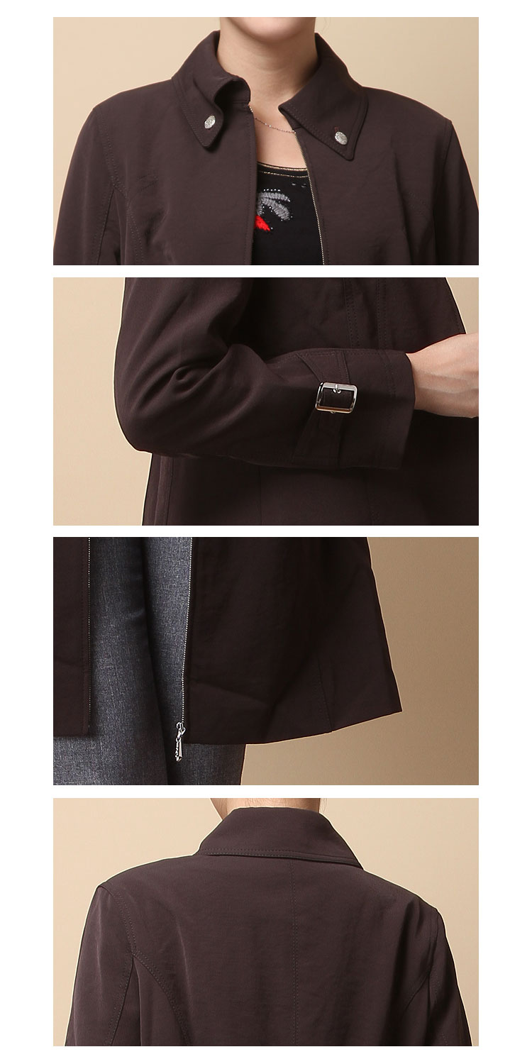 深咖啡色拉链翻领长袖风衣