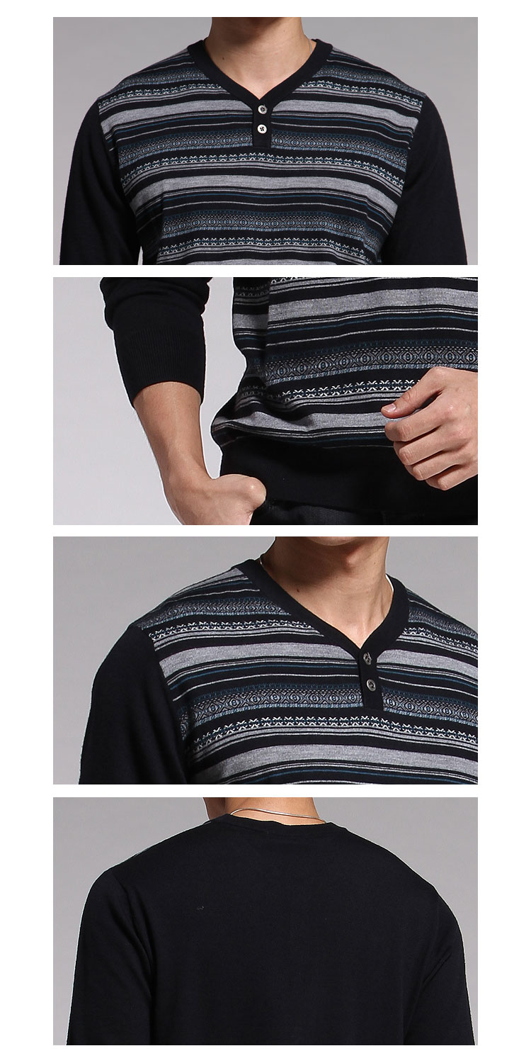 佛伦帝奴fllorinteno男装专场 > 黑色v领条纹印花时尚长袖针织衫  &