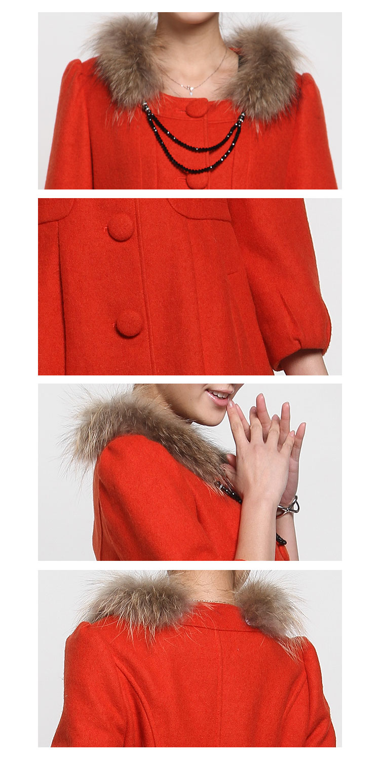 伊莎贝拉isbl桔红色毛领时尚八分袖大衣h123z009122_唯品会