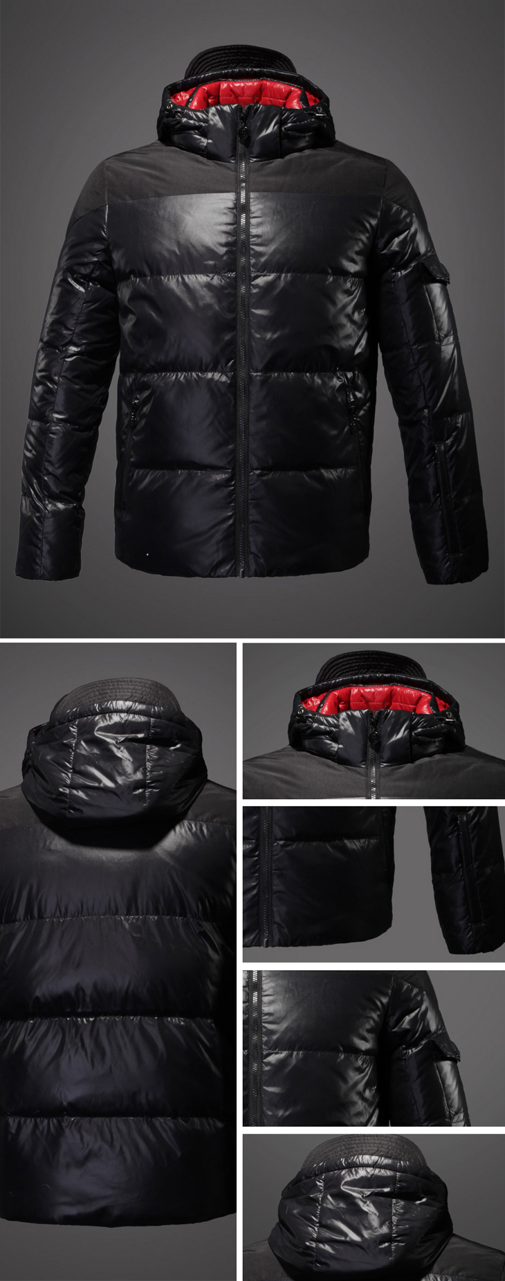 男款骑士黑色简约连帽长袖羽绒服-详情