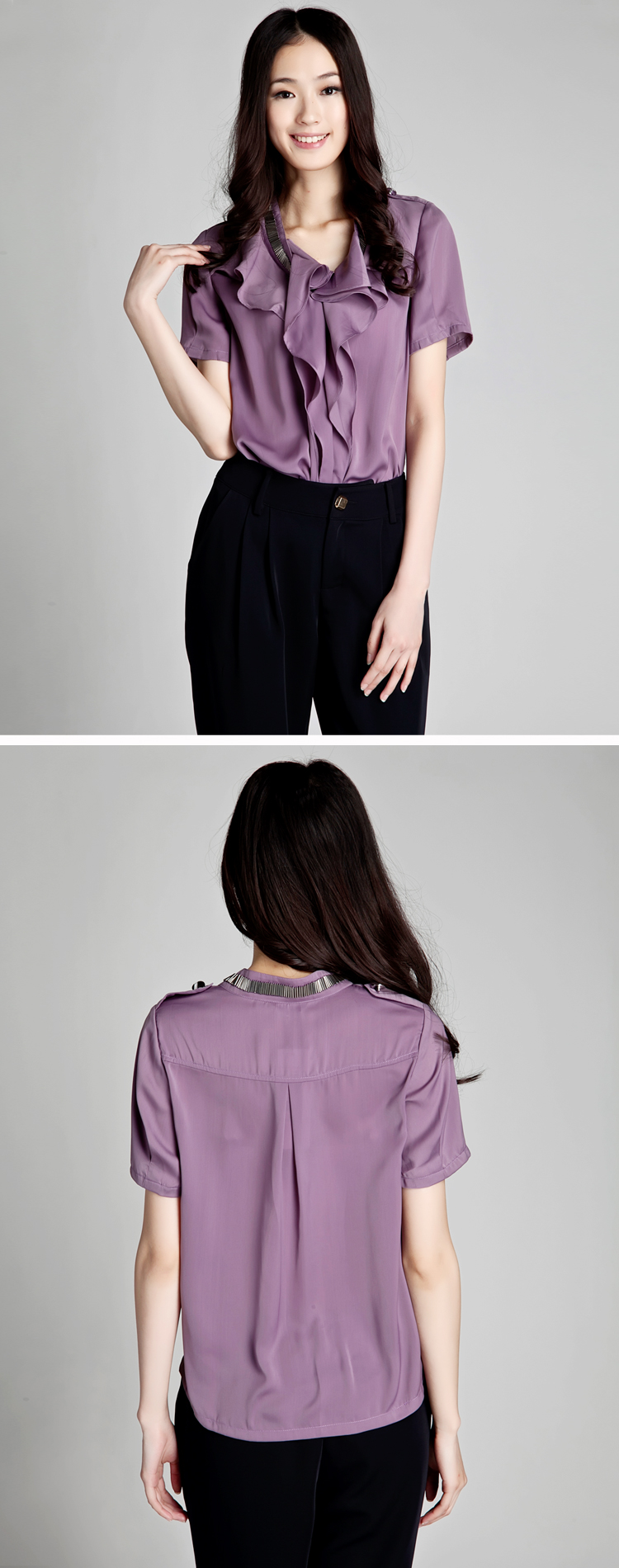 迷雾紫韩版修身荷叶边雪纺衫