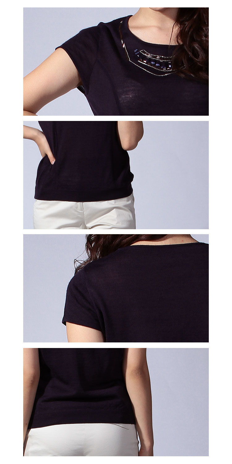 青莲色钉珠管圆领短袖毛衫