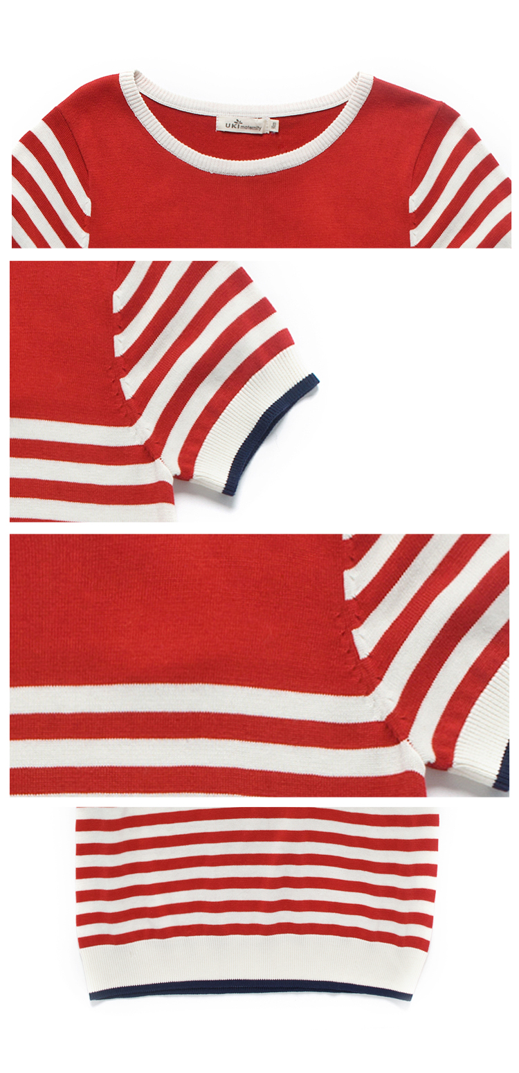 红色条纹撞色长版毛衣